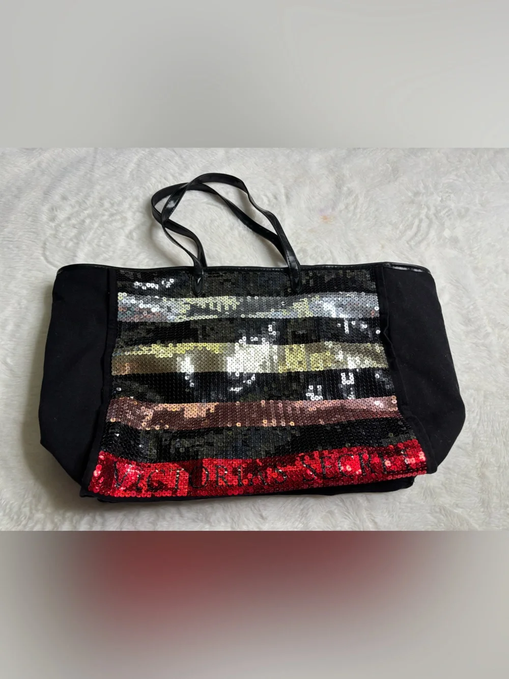 Victoria's Secret Black Tote with Multicolor Sequin Stripes